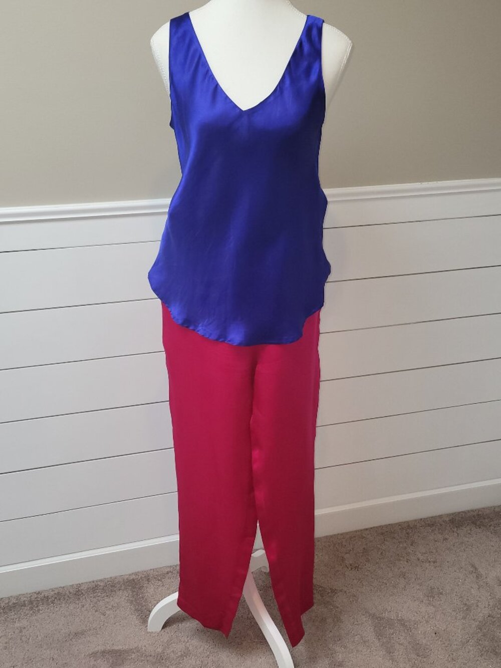 100% Silk Set Raspberry Colored Jacket & Pants with Violet Shell- Size 8 &6 - Picture 2 of 14